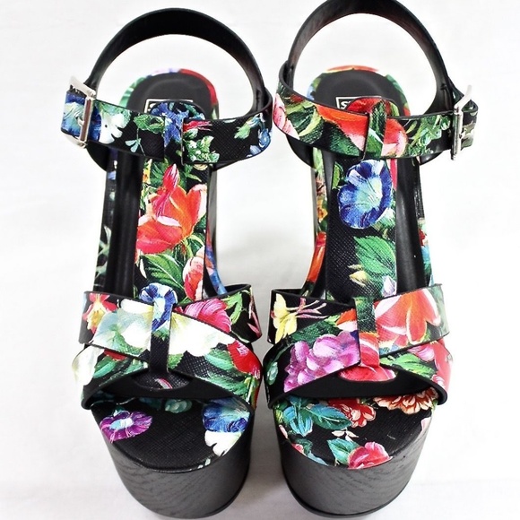 Floral Open Toe Platform Buckle Criss Cross Wedge - Picture 3 of 4